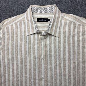 Bugatchi Uomo Shirt Men's XL Beige & Ivory Floral Stripes Button Long Sleeve